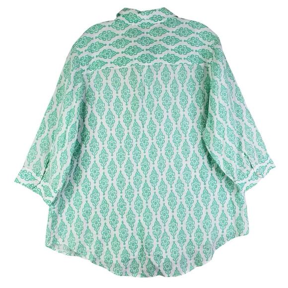 Chicos Top Button Up Shirt Women’s Size 3 US XL Teal Green Geometric Linen - Picture 3 of 12